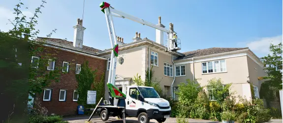 using our cherry picker on a commercial gutter cleaning job in Filwood, Suffolk